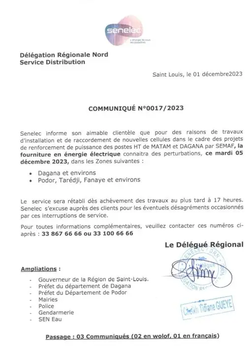 PODOR/ COMMUNIQUÉ DE LA SENELEC