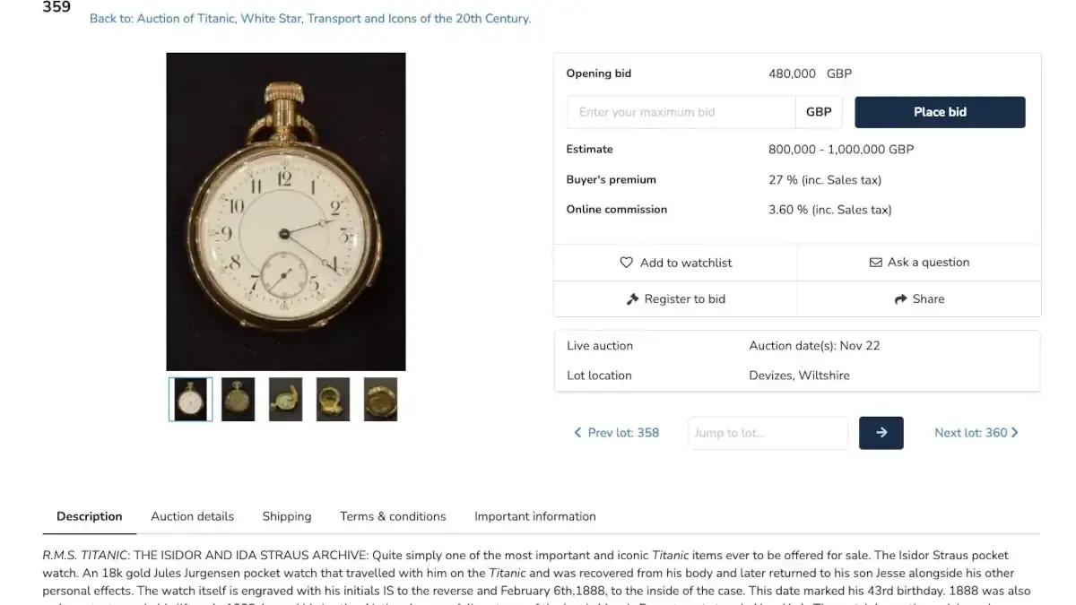 Titanic : mise aux enchères d&rsquo;une montre en or d&rsquo;un passager d&rsquo;une valeur de 2 millions $