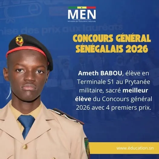 Concours général 2026 : Ameth Babou, du Prytanée militaire, sacré meilleur élève du Sénégal